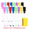 A set of eight colored dry erase markers and a whiteboard eraser are displayed in a row.