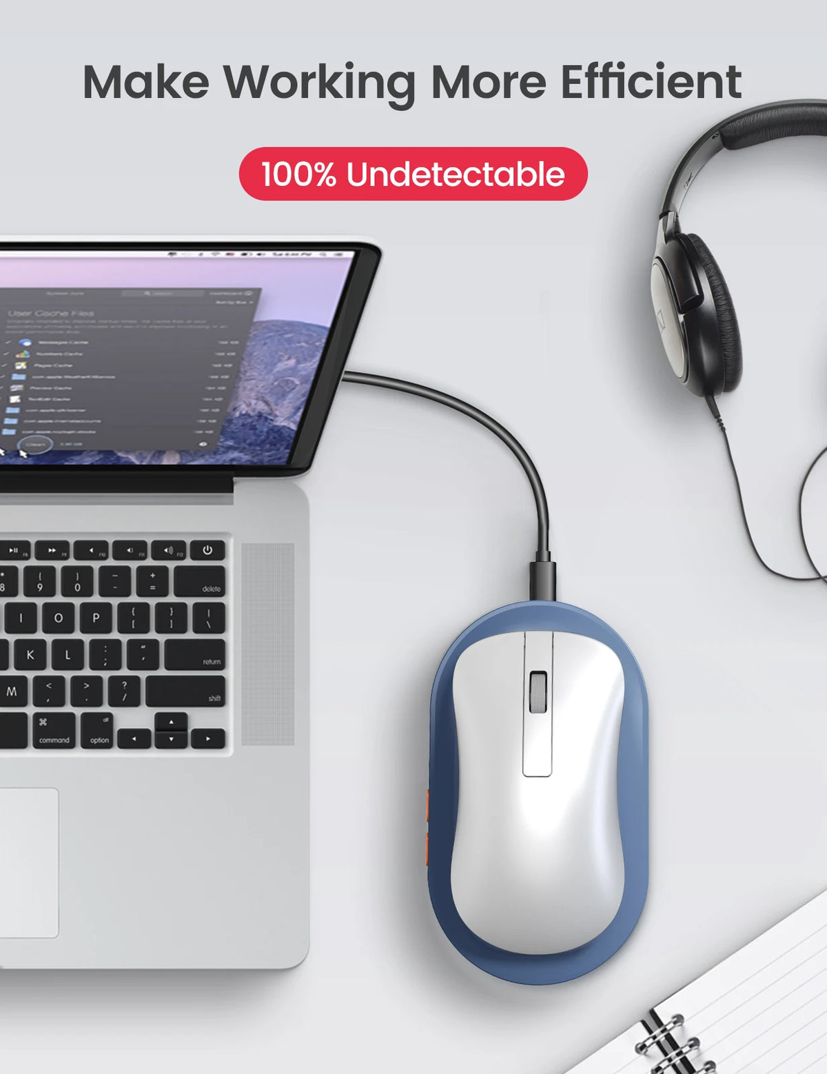 A white computer mouse is shown next to a laptop and a notebook, with text indicating it is 100% undetectable.