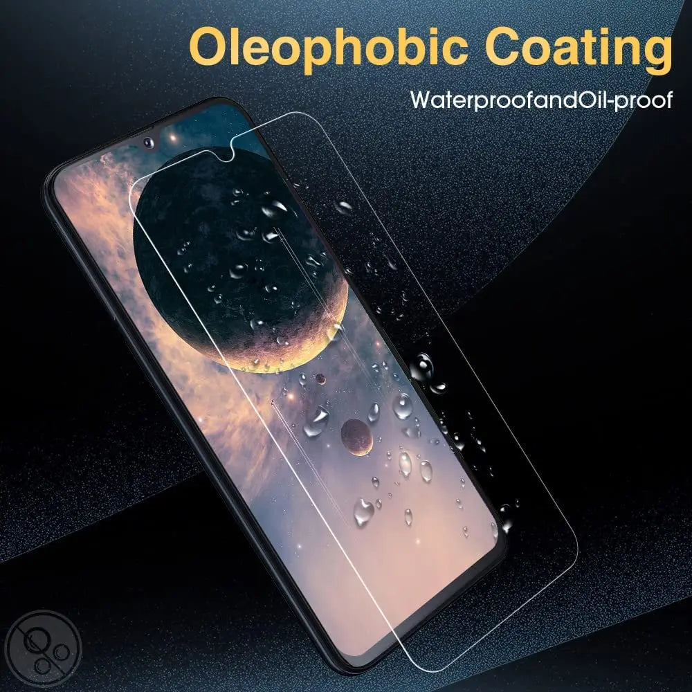 A smartphone screen protector featuring an oleophobic coating applied to a glass screen, displayed against a dark background.