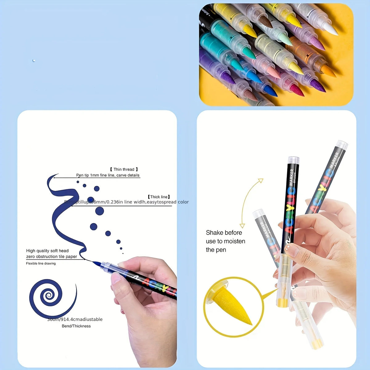 A set of multi-color acrylic paint markers showing various tips and colors arranged in a yellow background.