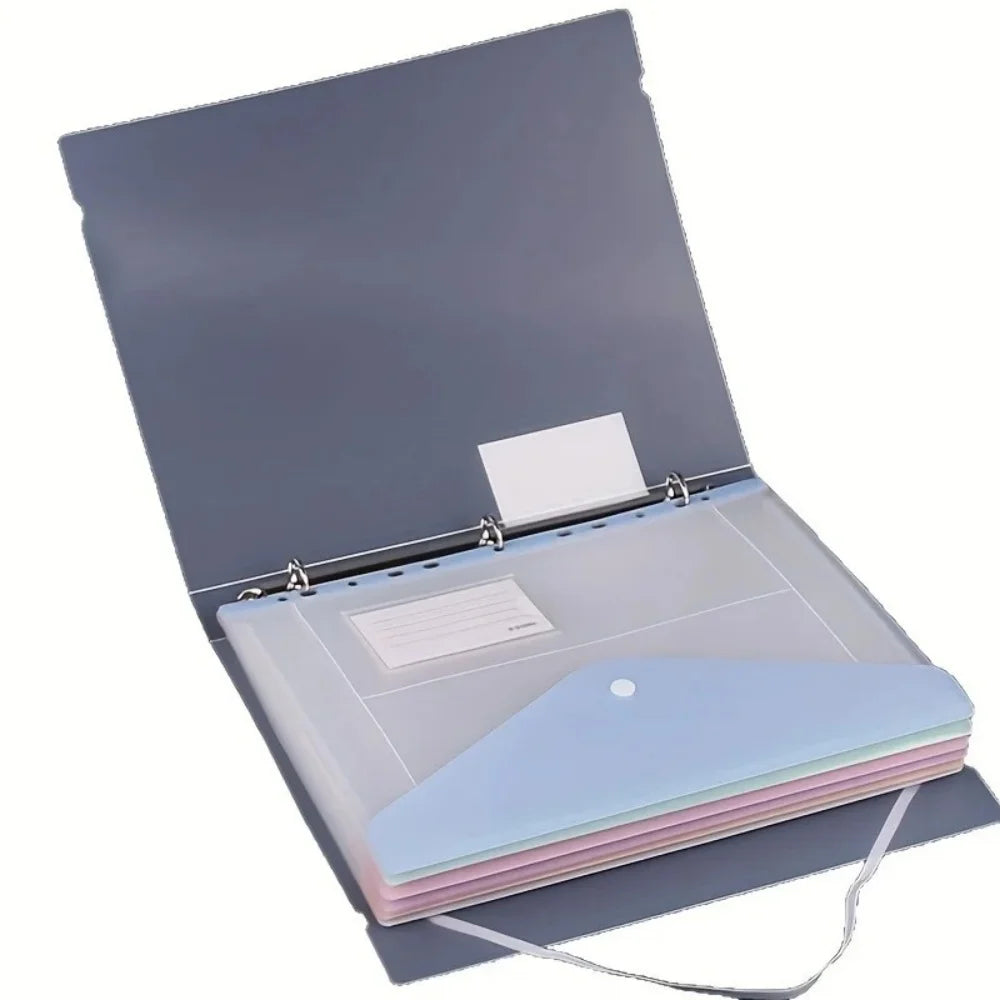 A silver binder with a clear cover and multiple pastel-colored expandable pockets for ring binders.