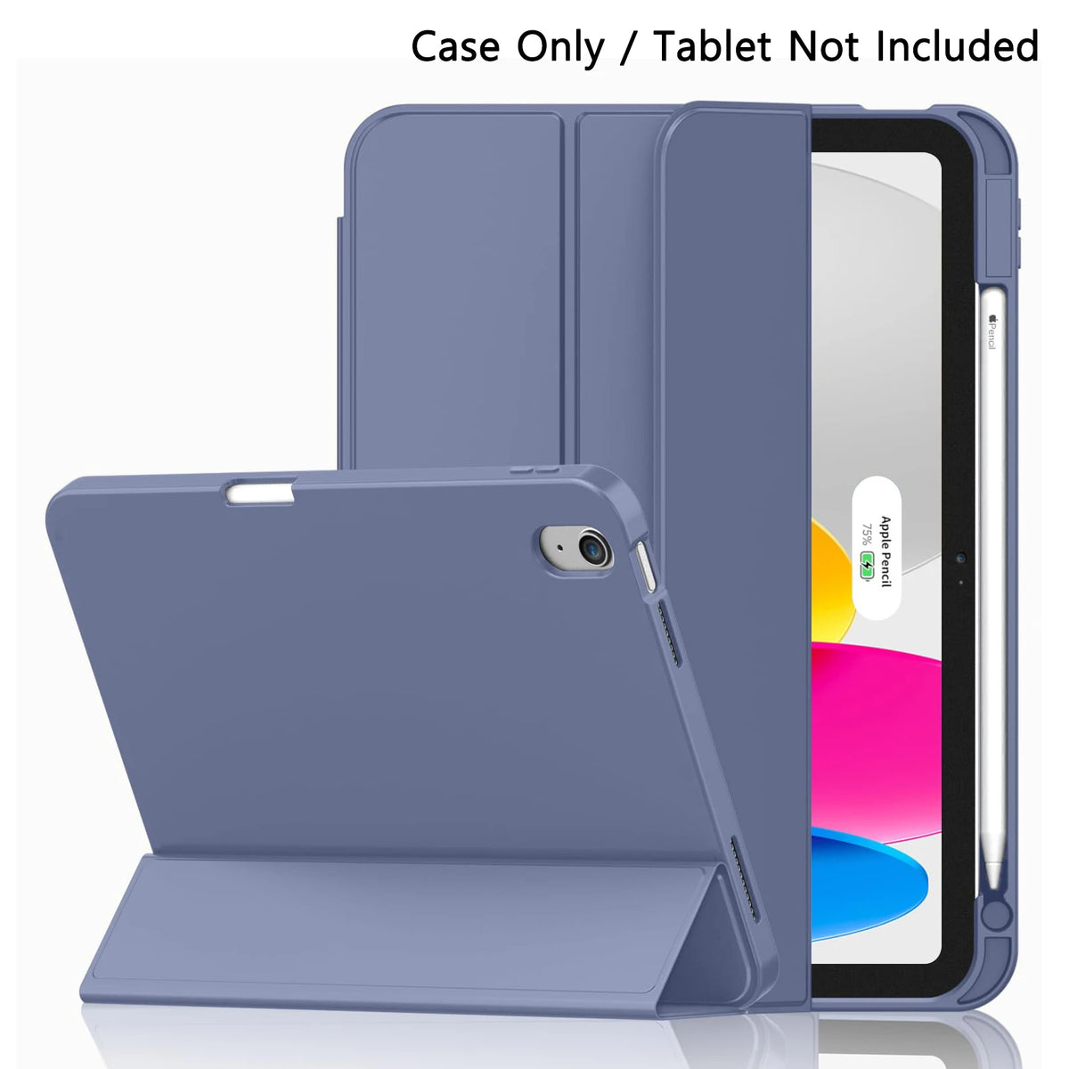 A purple protective case for an iPad is shown alongside the tablet, with a separate case included.