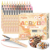 A set of acrylic paint markers in various colors packaged in a box with an acrylic pen shown nearby.