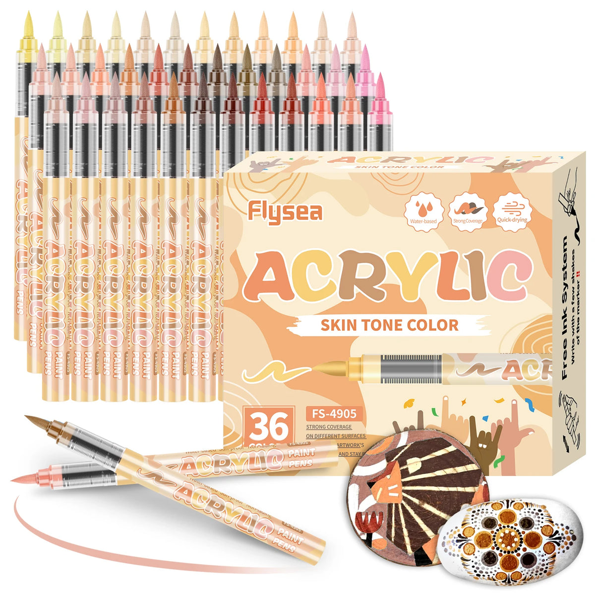 A set of acrylic paint markers in various colors packaged in a box with an acrylic pen shown nearby.