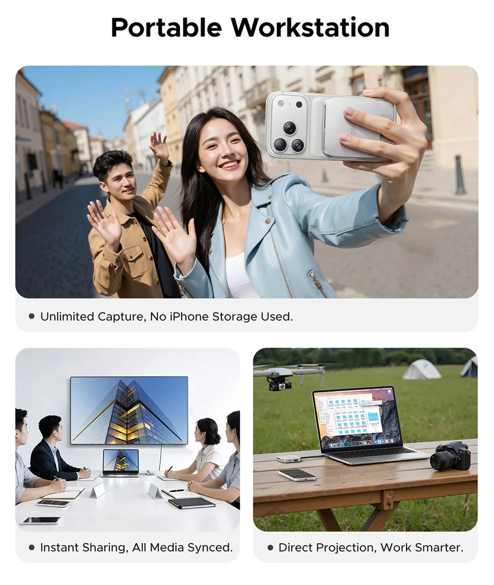 A woman holding a smartphone in an outdoor setting demonstrating a portable workstation setup.