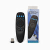 A black BPR2S Plus remote control for a wireless gyro air mouse with voice control and backlit keys is shown next to its pack