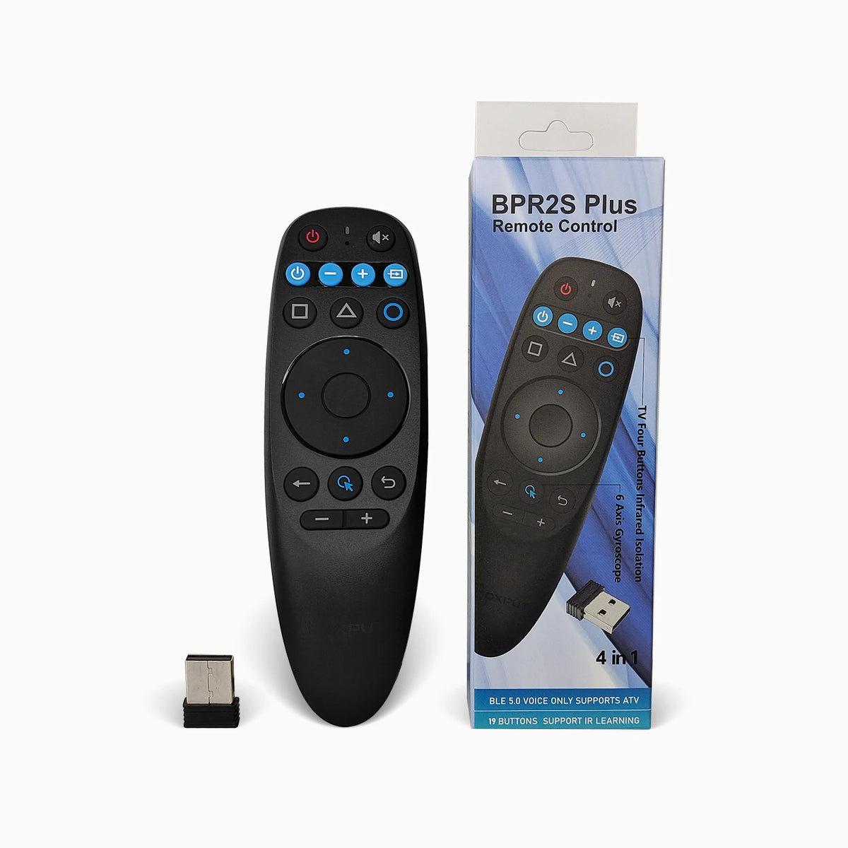 A black BPR2S Plus remote control for a wireless gyro air mouse with voice control and backlit keys is shown next to its pack