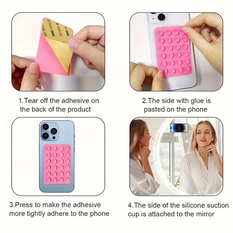 Instructions showing how to attach silicone suction phone mounts to a phone and a mirror.