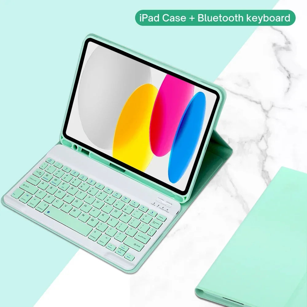 A light green iPad case shown open with a detachable Bluetooth keyboard, featuring colorful graphic accents.