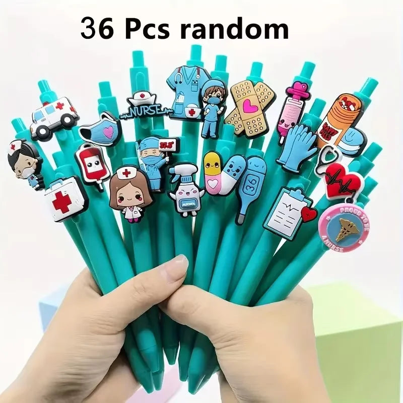 A hand holds a bundle of 36 random medical theme ballpoint pens featuring various nurse and first aid icons.