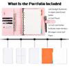 A pink A5 budget notebook portfolio showing various included accessories like pouches, card holders, and paper.