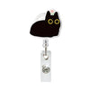 Silver retractable ID badge holder with a black cat charm and crocodile clip.