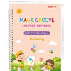 A practice copybook titled Magic Groove for preschoolers with illustrations of a sun and various clouds.