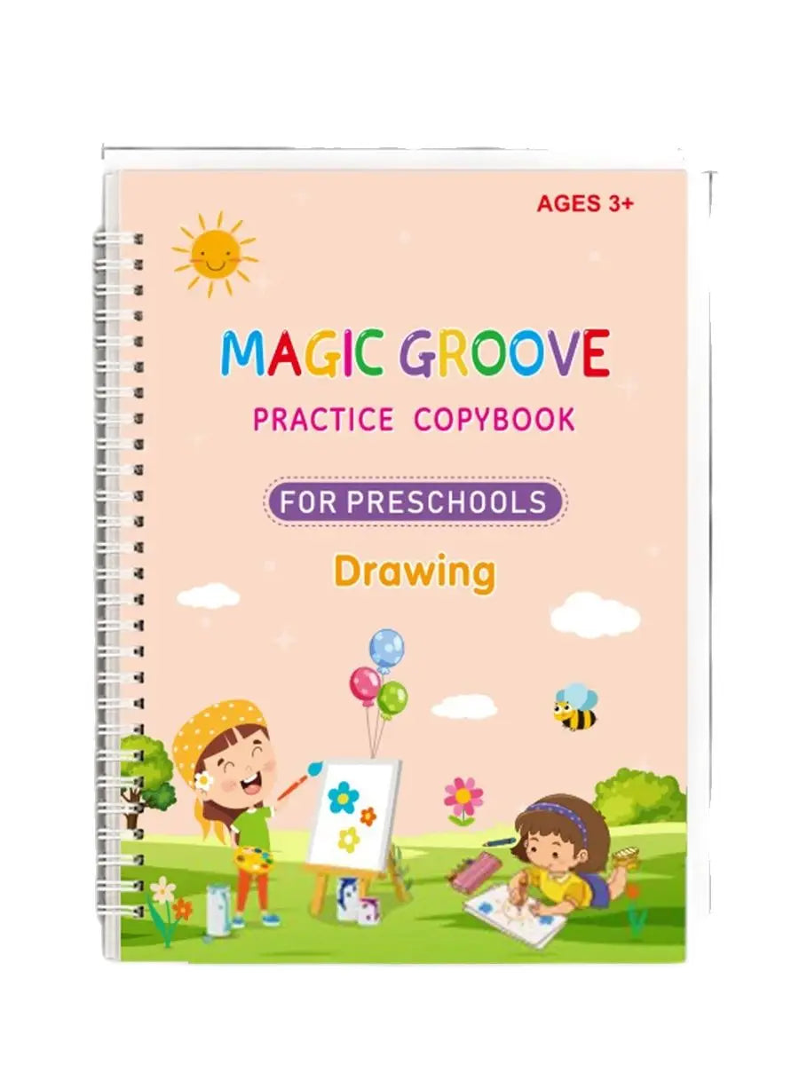 A practice copybook titled Magic Groove for preschoolers with illustrations of a sun and various clouds.