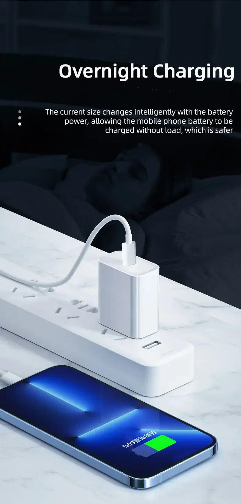 A white overnight charging device is shown next to a smartphone, illustrating the feature of intelligent current size change 