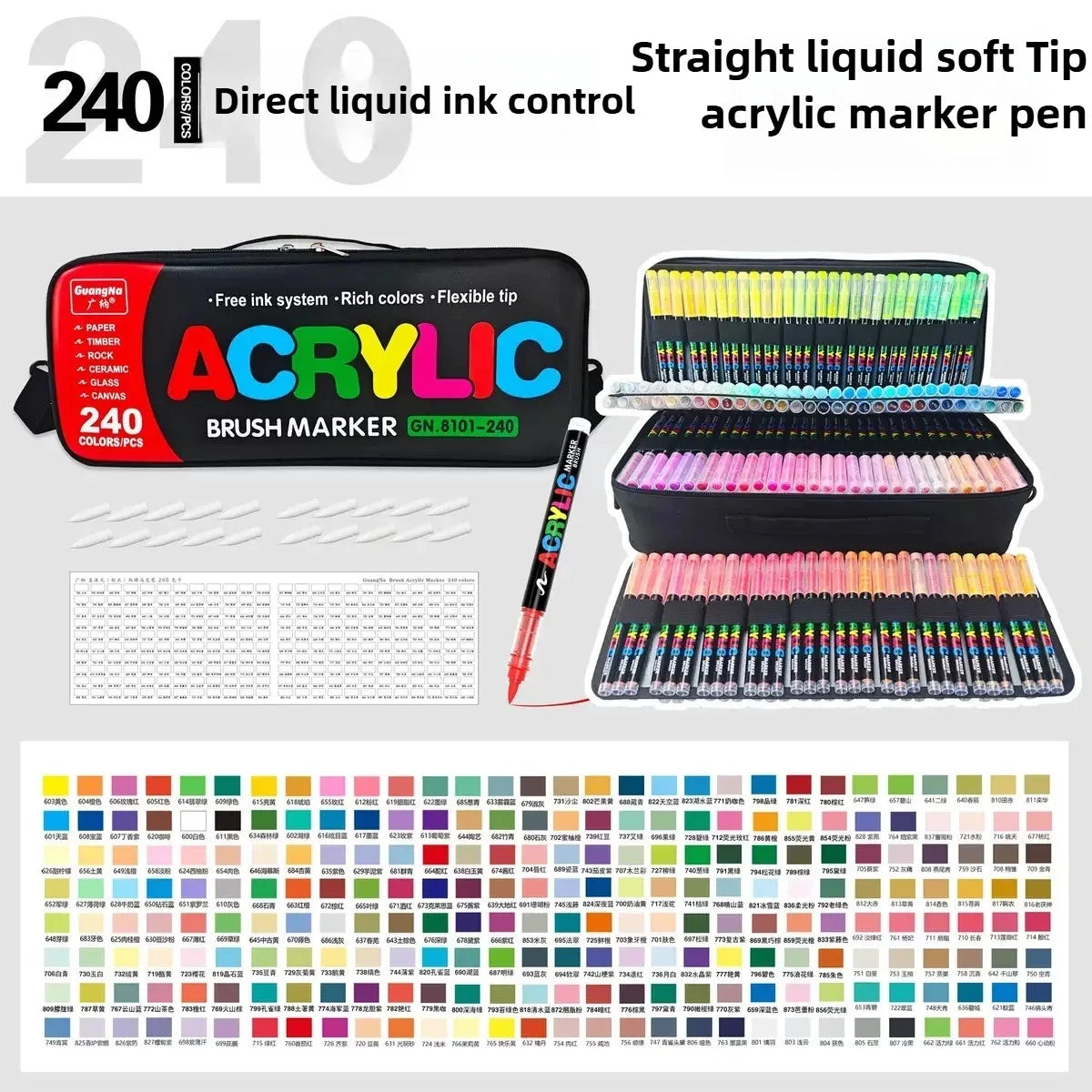 A set of 240 direct liquid ink acrylic marker pens in various colors and tips for drawing and art projects.