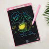 A pink portable LCD drawing tablet displaying a green 'Good luck!' message and a cartoon rocket.