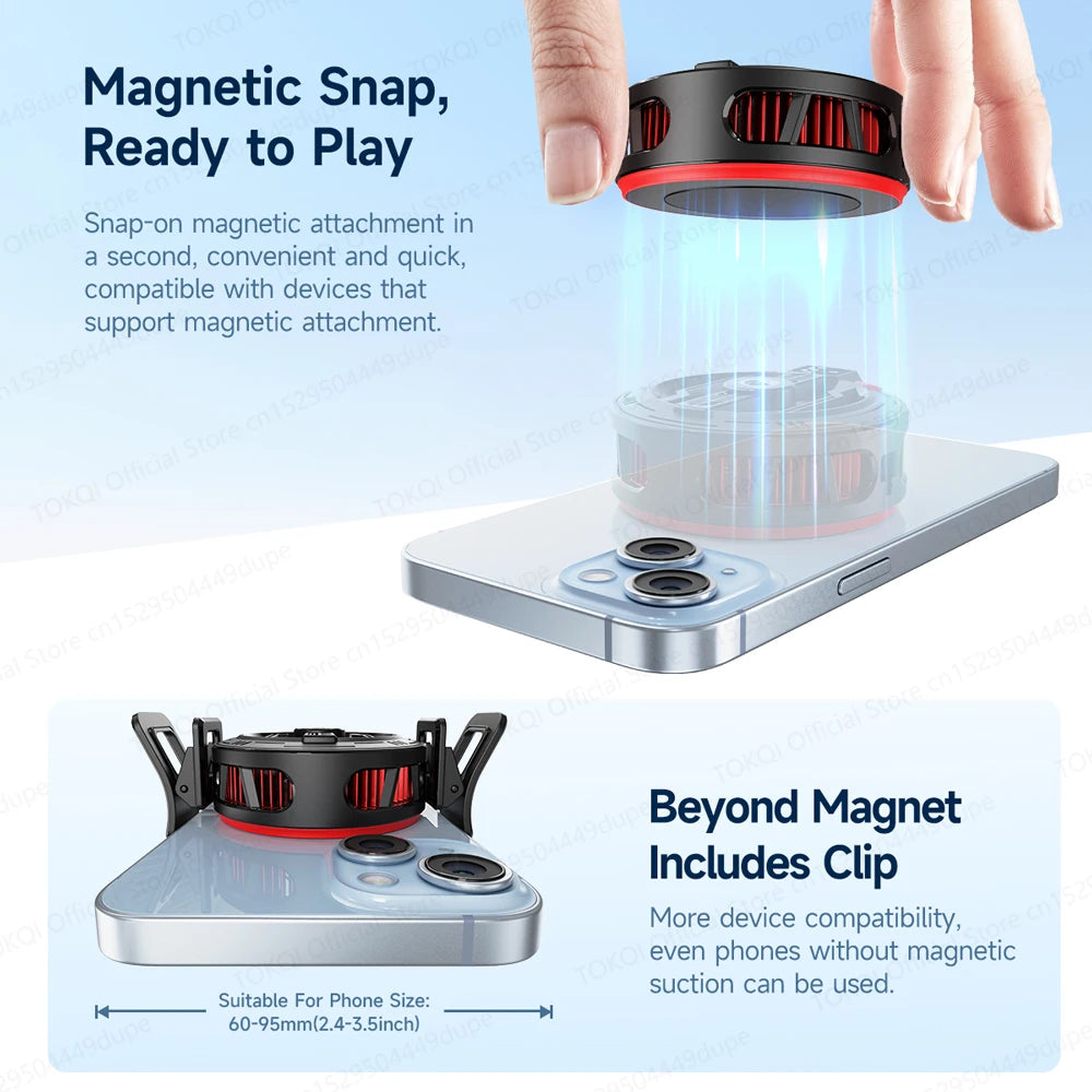 A hand demonstrates a magnetic snap-on phone cooler with a clip-on mount for convenient and quick use.