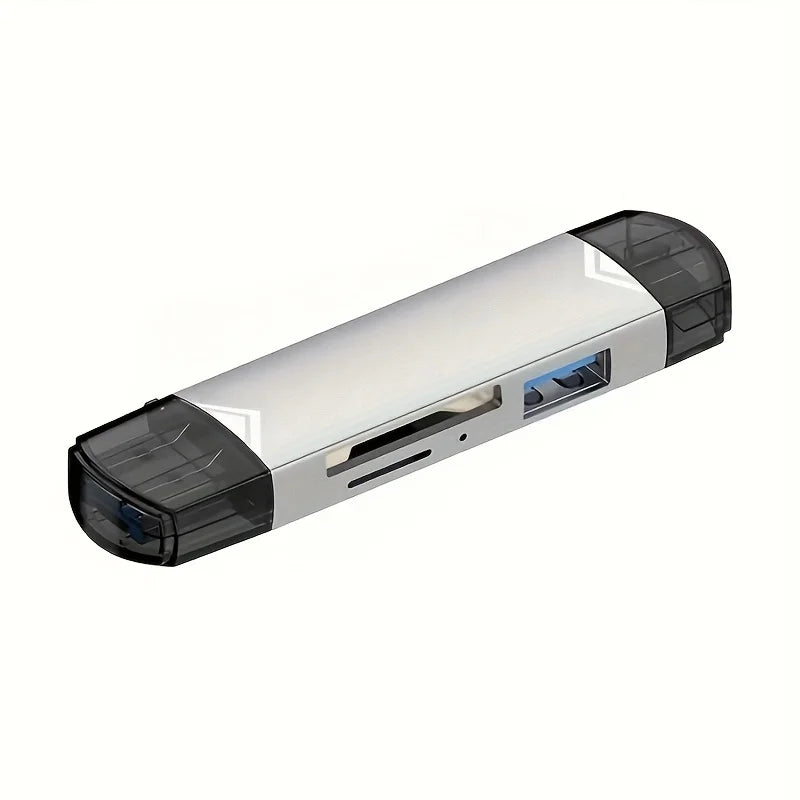 Adaptador de lector de tarjetas multi-tarjeta blanco y negro visto de lado.