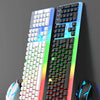 A pair of colorful RGB backlit wired keyboard and mouse combo featuring white, green, and blue accents.