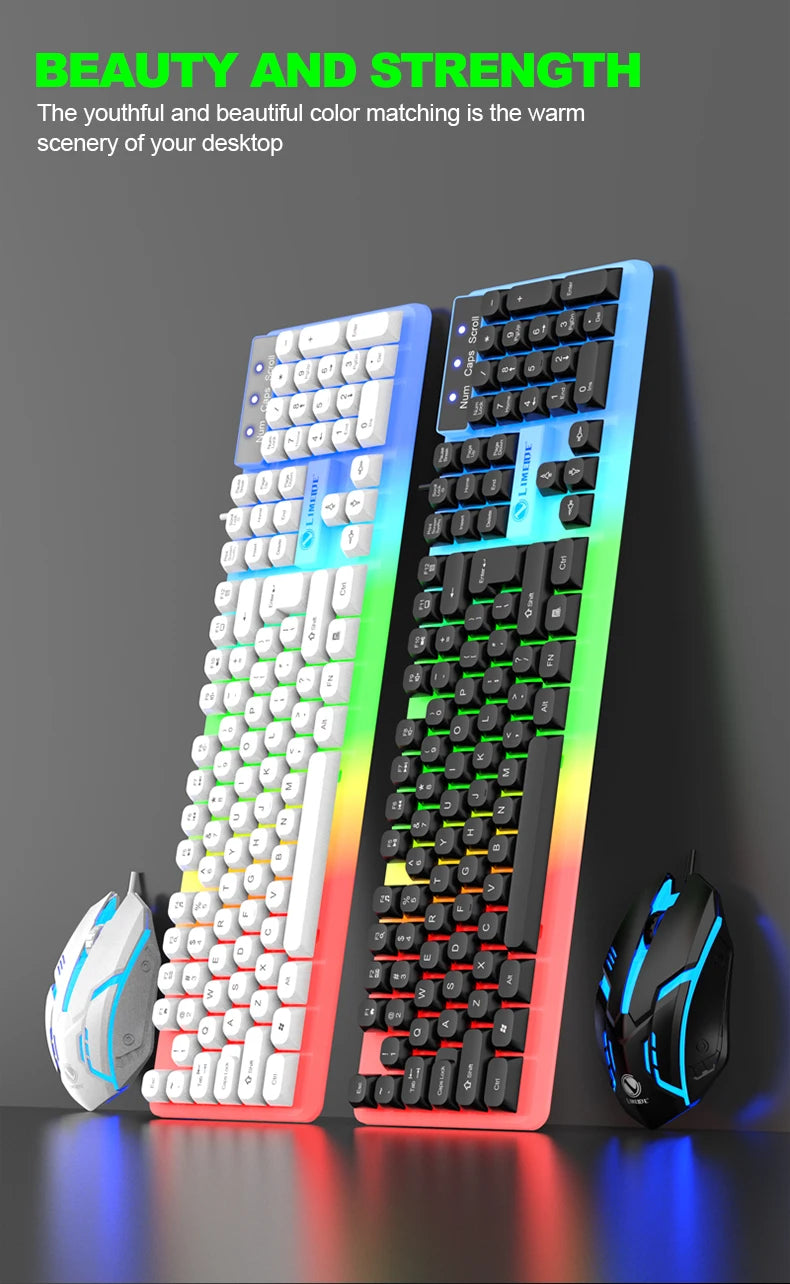 A pair of colorful RGB backlit wired keyboard and mouse combo featuring white, green, and blue accents.