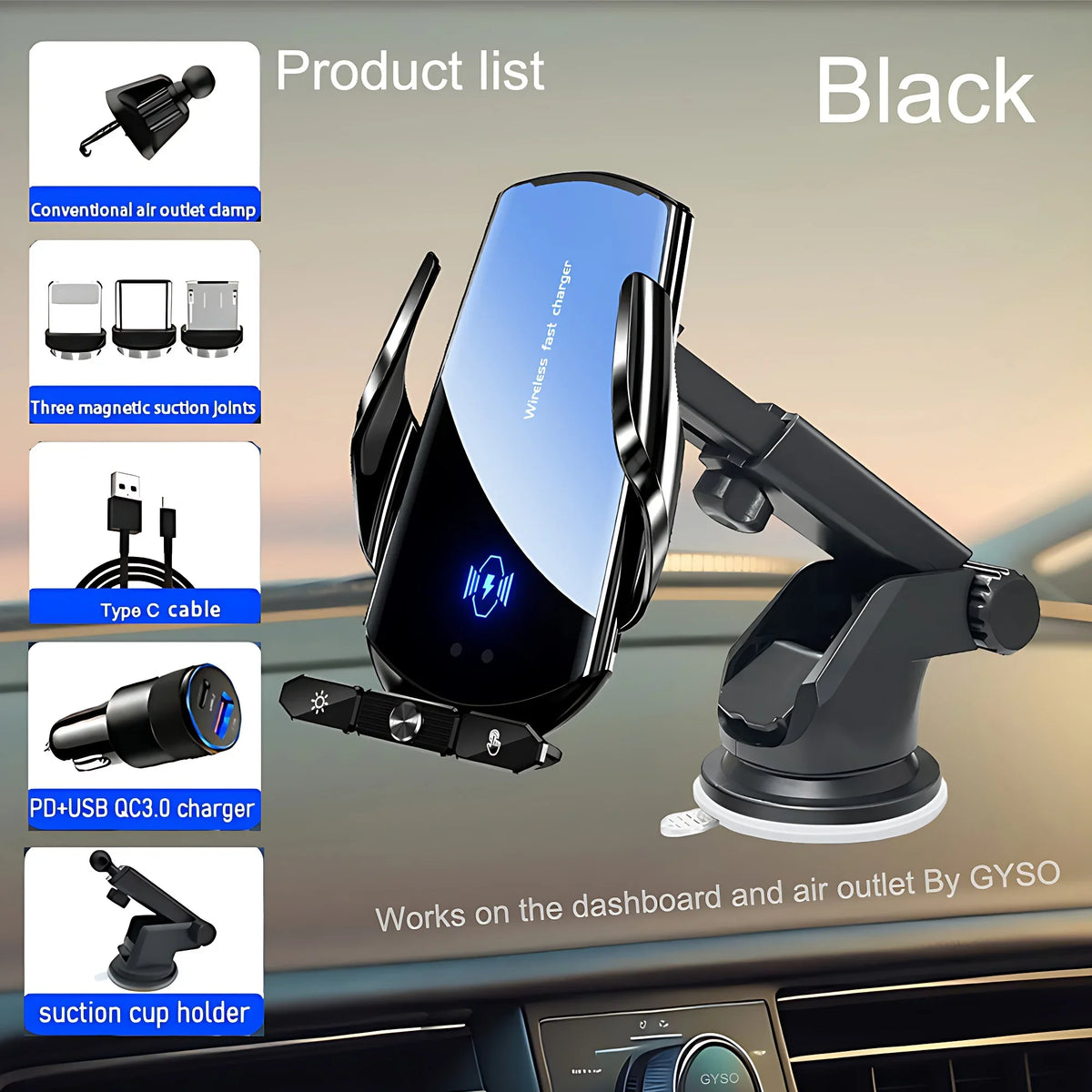 Black wireless car phone mount for iPhone with magnetic suction joints and USB charging cable