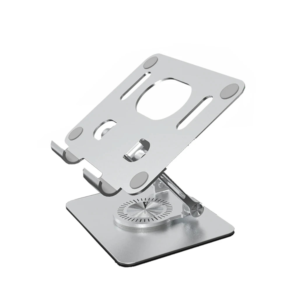 Silberner 360-Grad-drehender Tablet-Halter mit flacher Basis und Montageplatte.