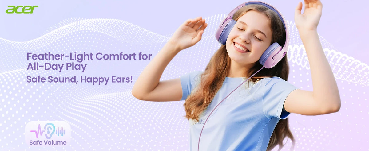 A smiling girl wearing purple wired headphones while playing, demonstrating feather-light comfort for all-day use.