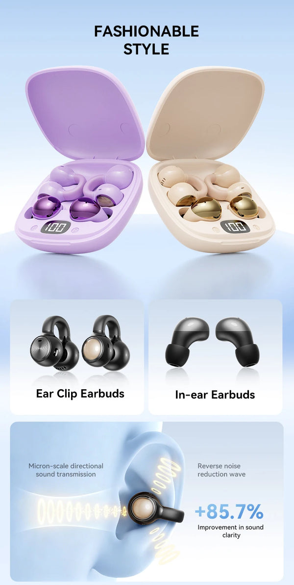 A pair of pink and beige wireless earbuds shown alongside their charging case, highlighting sound clarity improvement.