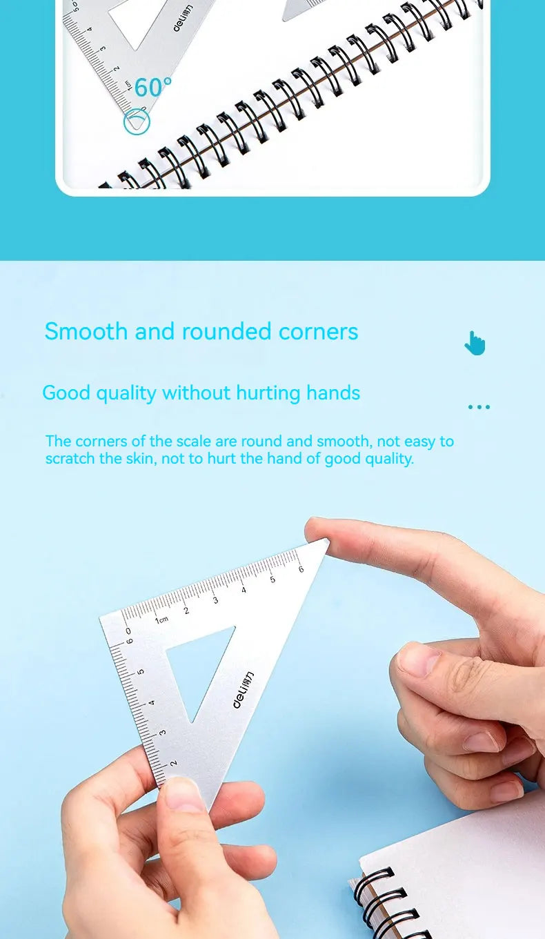 A hand holds a professional aluminum drafting ruler set showing a 60-degree angle and smooth, rounded corners.