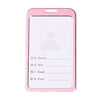 Porta tarjetas de plástico rosa con marcador de perfil en blanco y líneas para nombre, departamento y puesto.