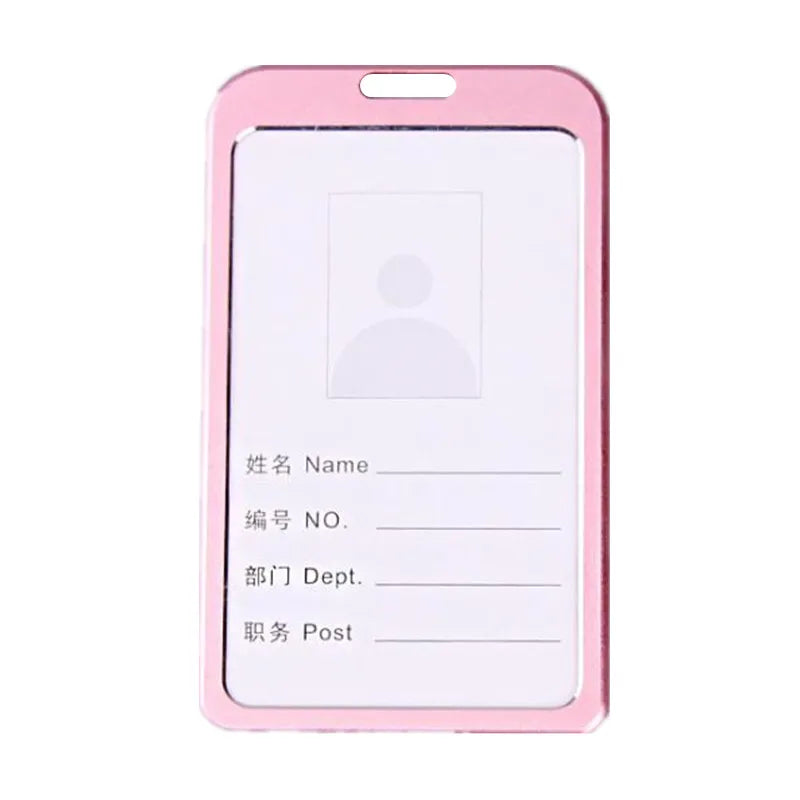 Porta tarjetas de plástico rosa con marcador de perfil en blanco y líneas para nombre, departamento y puesto.