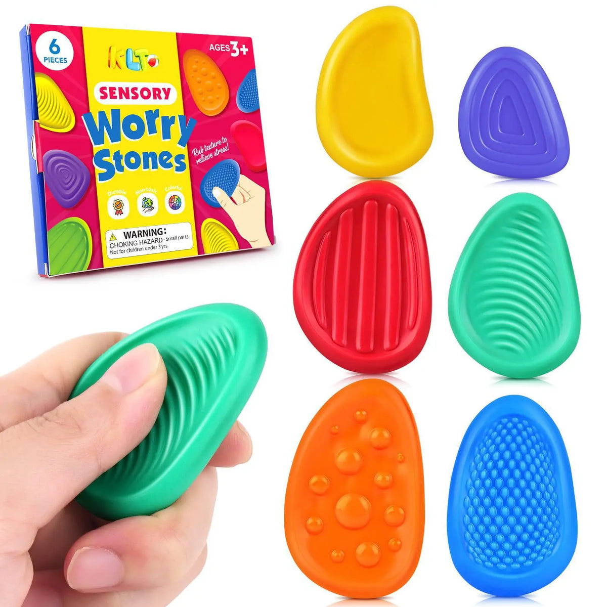 A set of colorful sensory stone fidget toys in various shapes and colors for stress relief