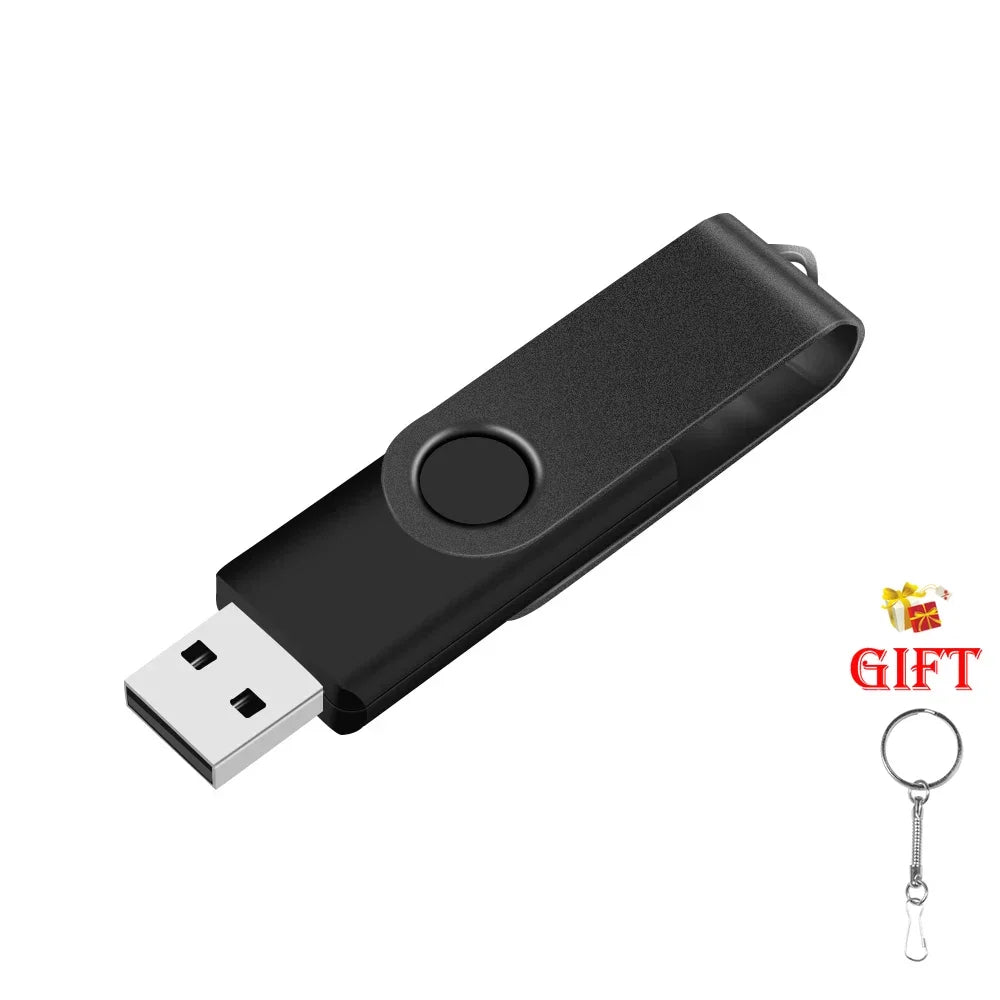 Black high-capacity USB flash drive with a metal keyring attached.