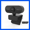 A black HD webcam device with a lens and mounting bracket is shown against a white background.