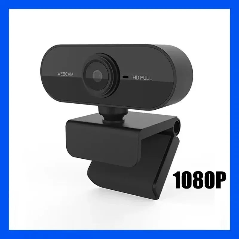 A black HD webcam device with a lens and mounting bracket is shown against a white background.