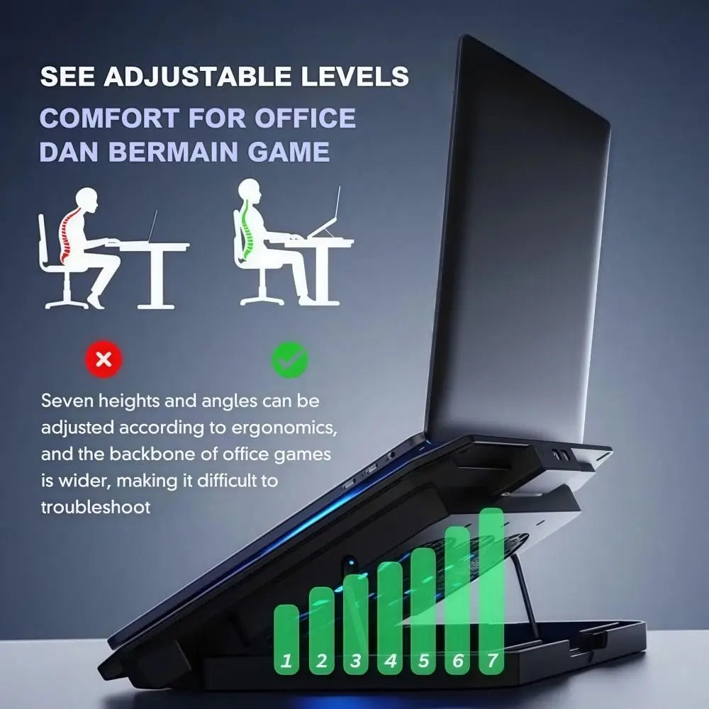 An adjustable laptop cooling pad with seven levels and an RGB light, shown in a dark color.