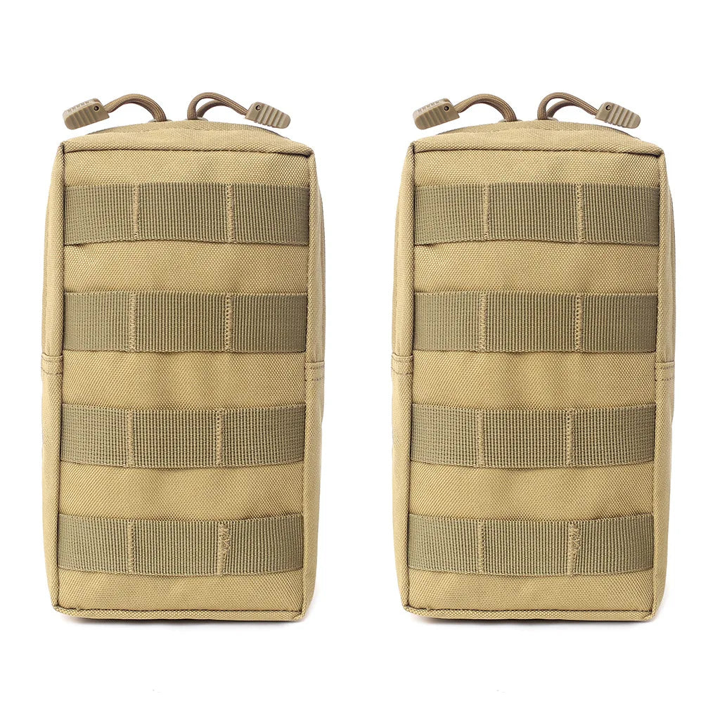 A tan tactical MOLLE utility pouch with multiple webbing straps shown from the front.