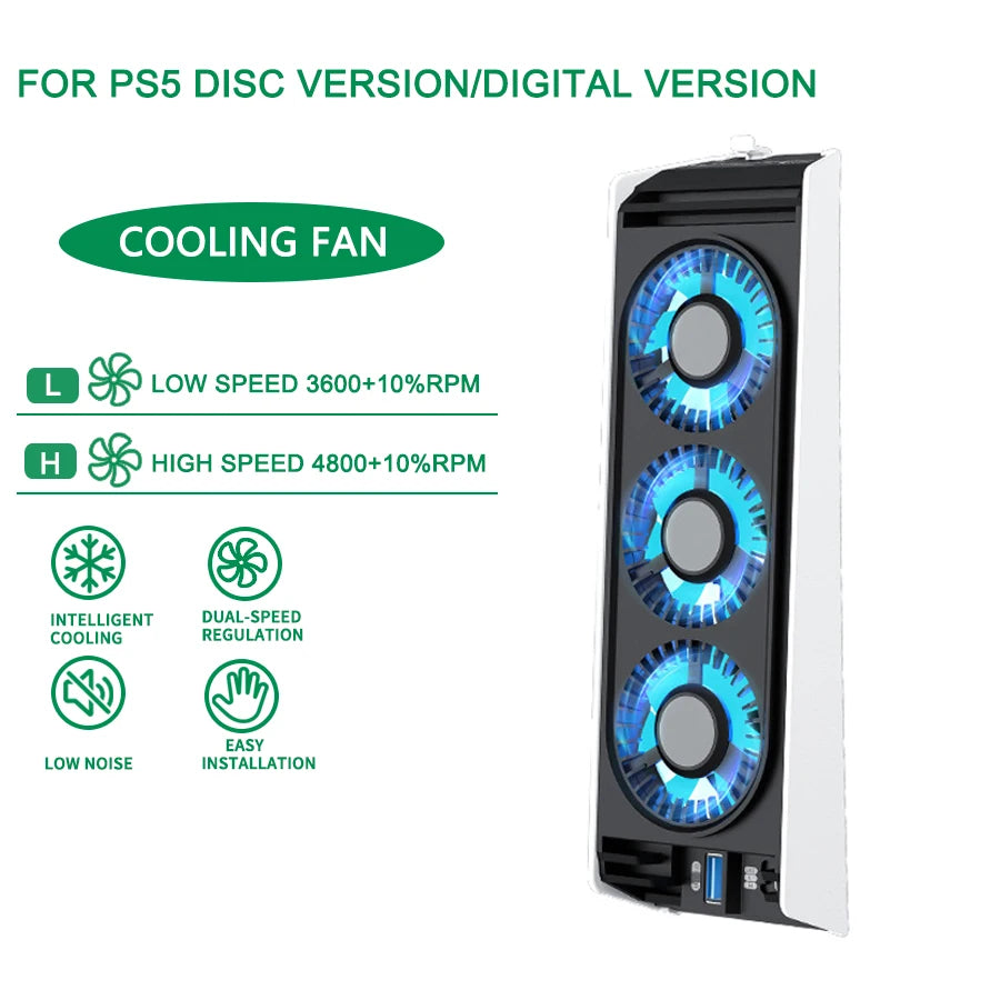 Ventilador de enfriamiento blanco para discos y versiones digitales de PS5, con modos de baja y alta velocidad y regulación d