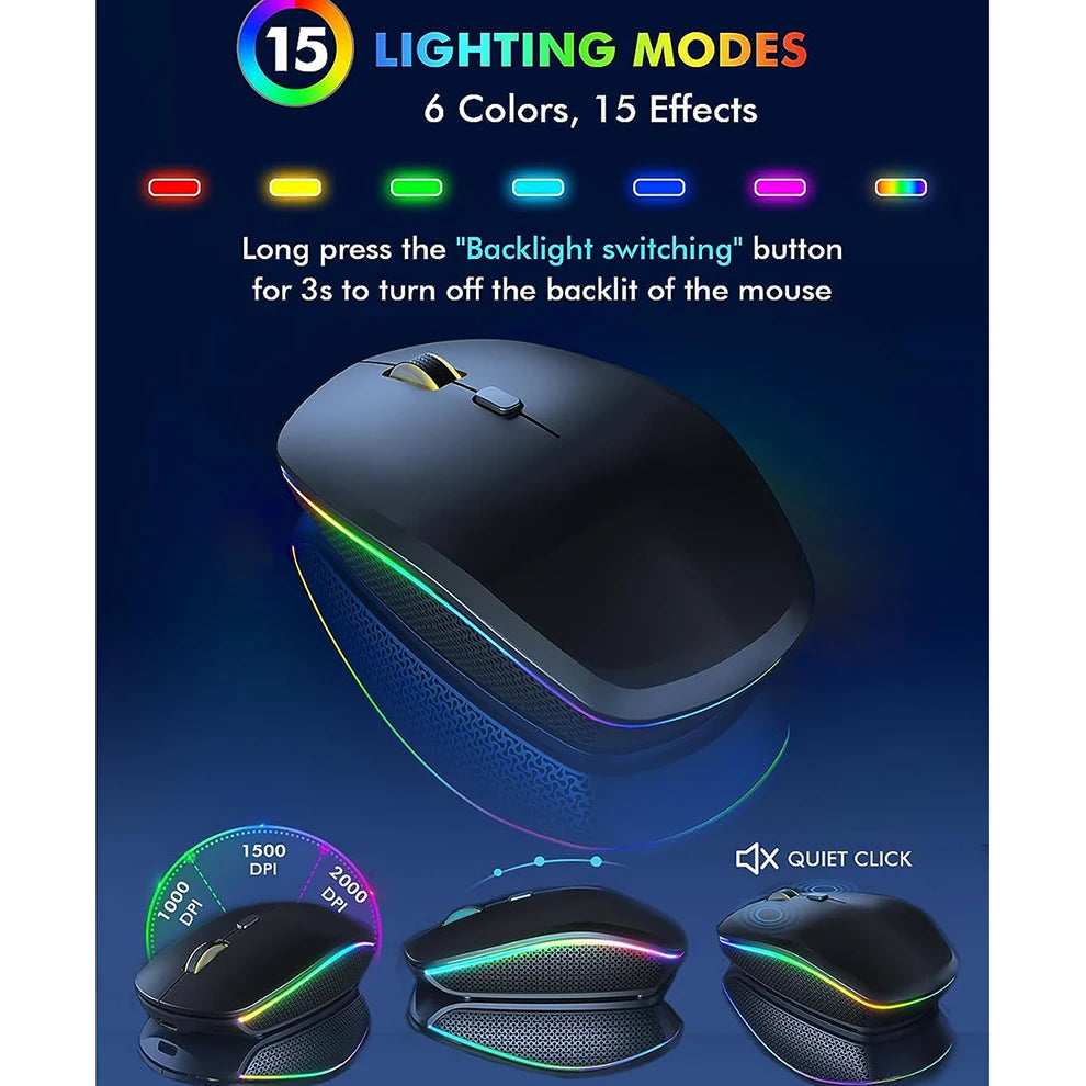 Schwarze kabellose Gaming-Maus mit anpassbaren RGB-Lichteffekten und Tastaturkombination in verschiedenen Farben.