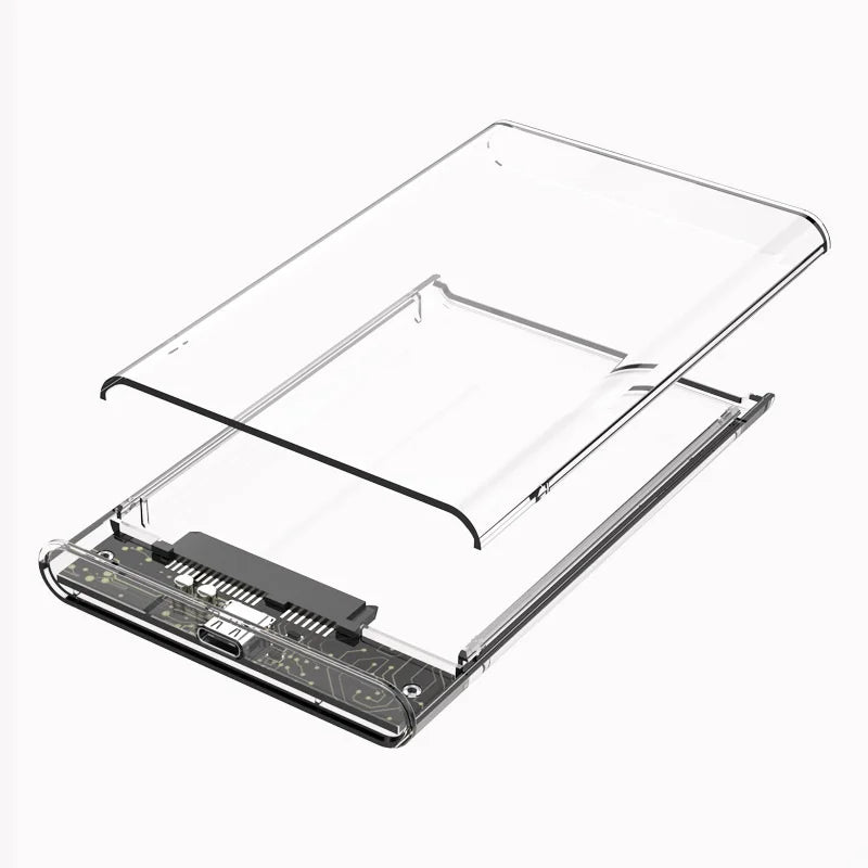 Klare Außenhülle für eine 2,5-Zoll SATA SSD oder HDD, geöffnet angezeigt.