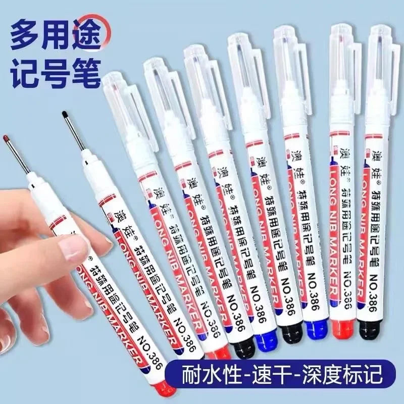 A collection of waterproof deep hole marker pens in various colors and tips, shown being held by a hand.