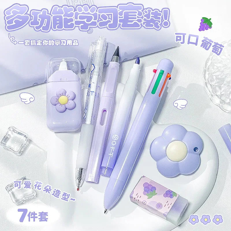 A set of purple and white cute cartoon school stationery items including pens and accessories.