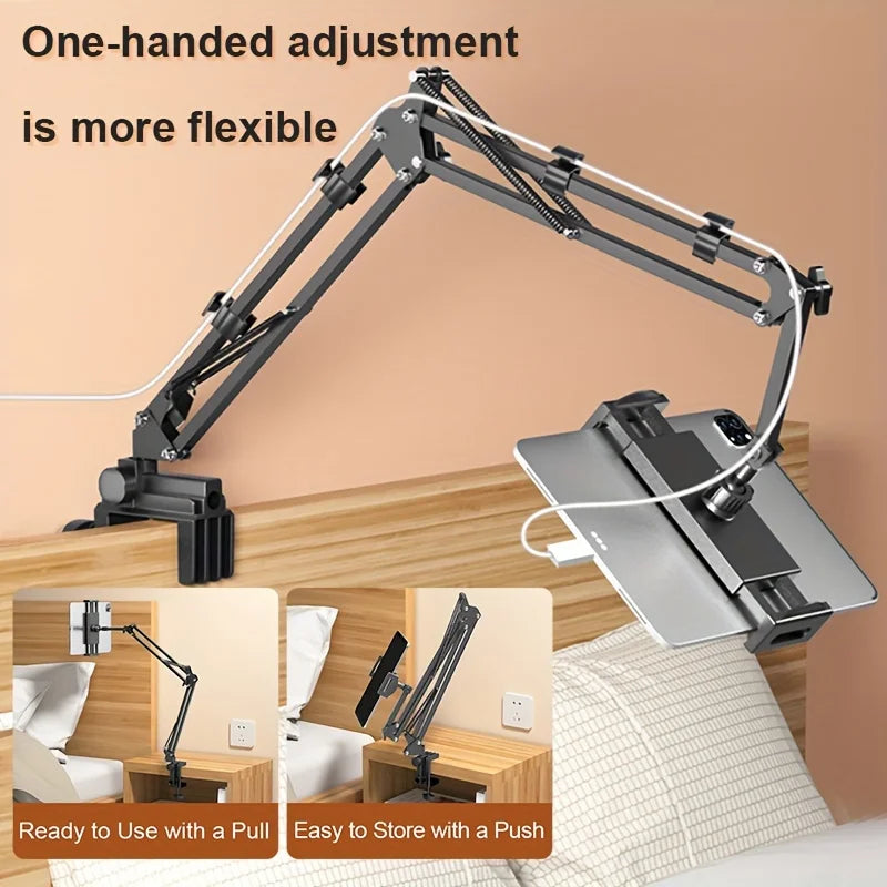 A black adjustable tablet holder with a long arm is shown in a light beige room setting.