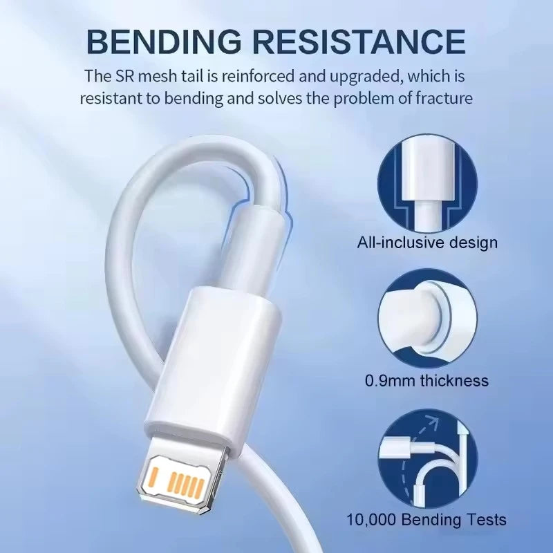A white charging cable with an included mesh tail and connector, highlighting its bending resistance and durability.