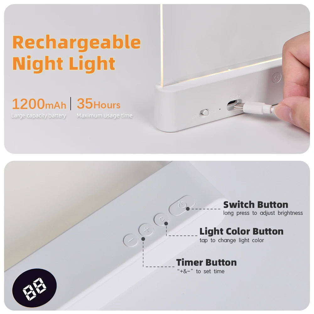 A white rechargeable acrylic night light is shown with switch, color, and timer buttons.