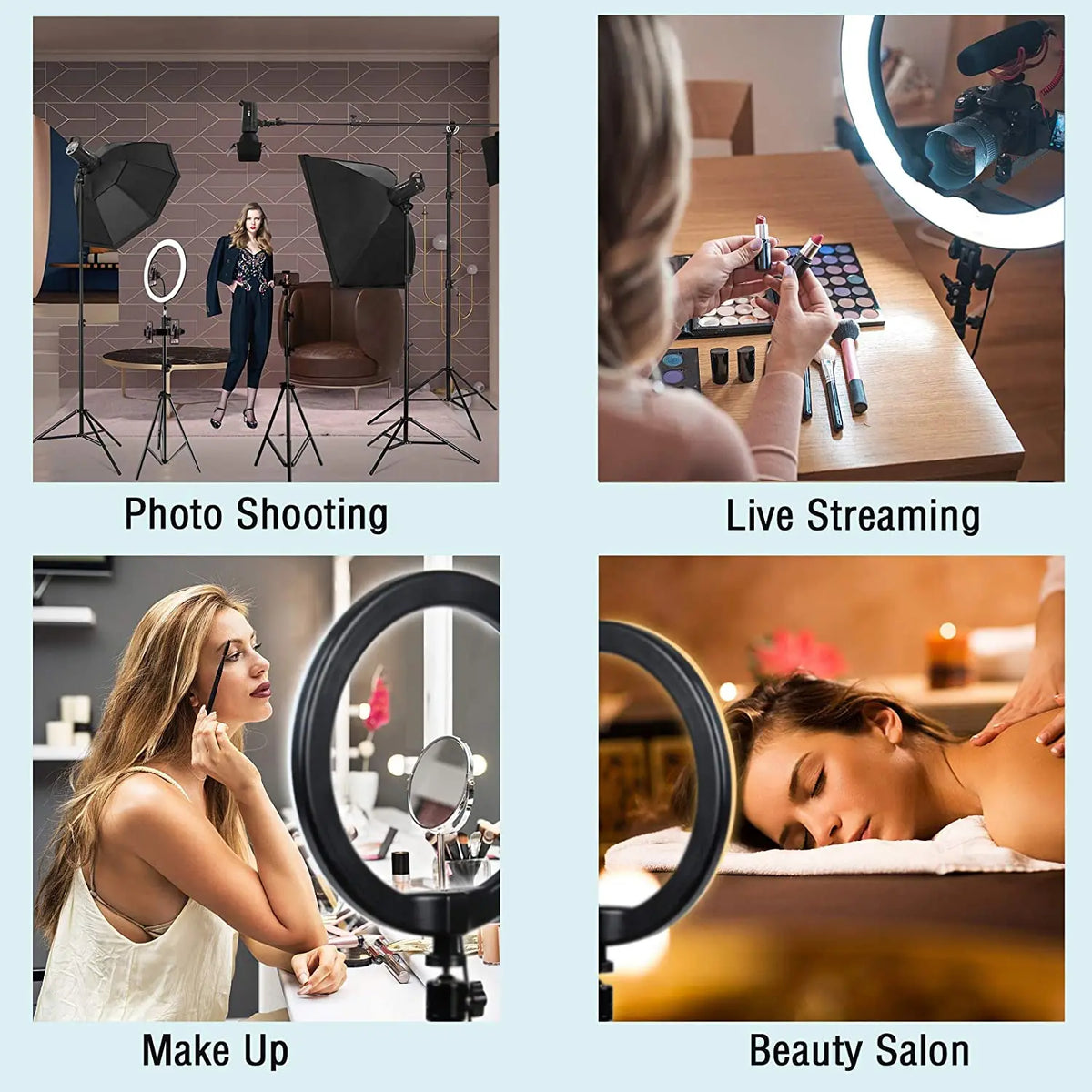 A woman is using a 12 inch LED ring light with a tripod stand and remote control for beauty salon work.