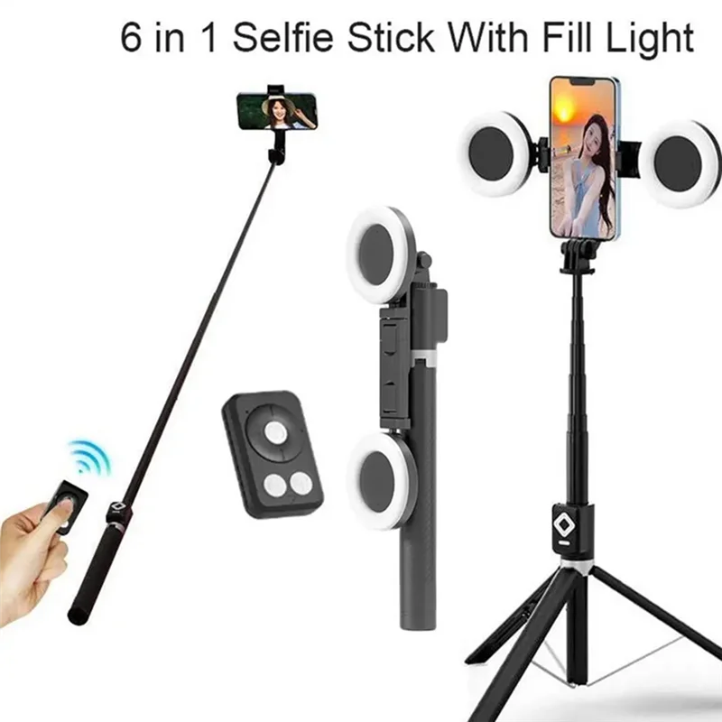 A 6 in 1 selfie stick with fill light and tripod setup for taking photos or videos.