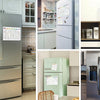 A collection of stainless steel and light green refrigerators featuring magnetic dry erase planner boards.