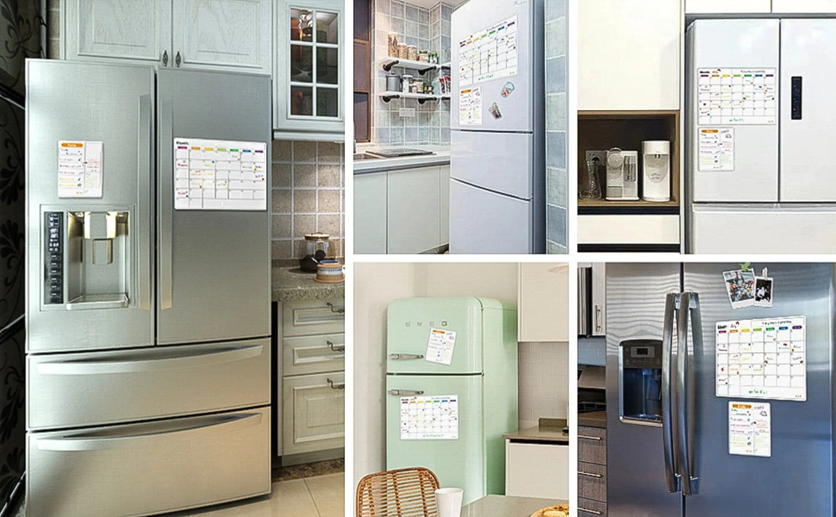 A collection of stainless steel and light green refrigerators featuring magnetic dry erase planner boards.